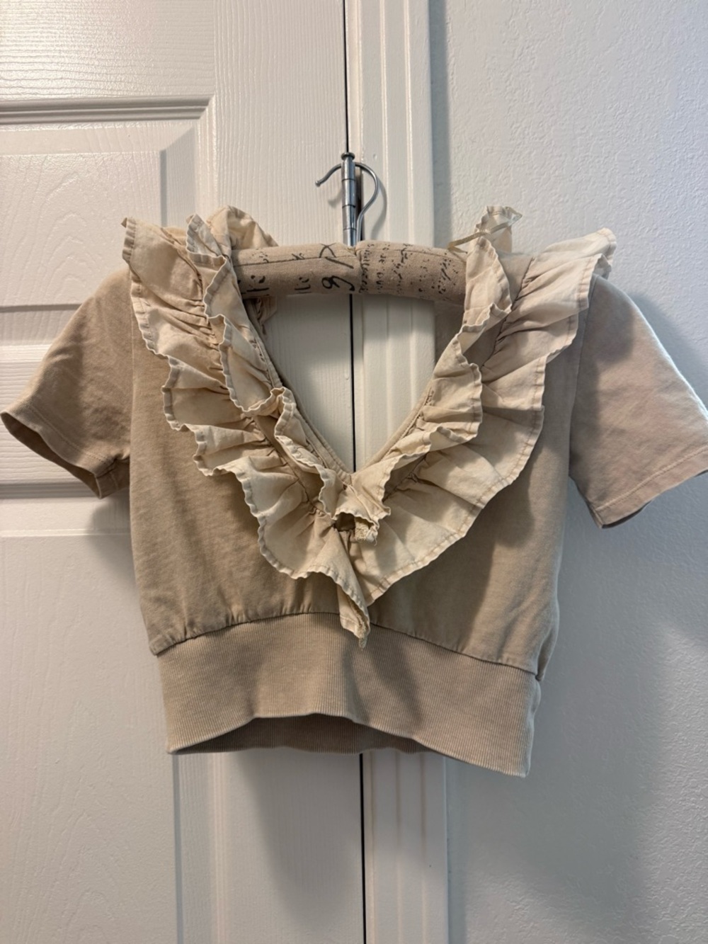 Zara Beige Crop Top with Cream Ruffle V-Neck